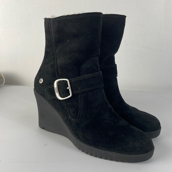 UGG Shoes - UGG Giselle Black Suede Wedge Heel Ankle Boots